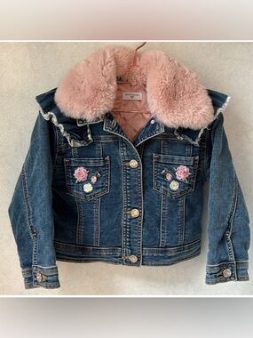 Monnalisa Blue Denim Jacket with Pink Fur Collar Sz 6 floral embroidery